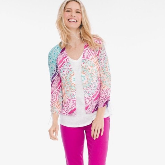 Chicos Medallion Ruched-Sleeve Cardigan with Bonus Scarf 1P - Picture 3 of 14